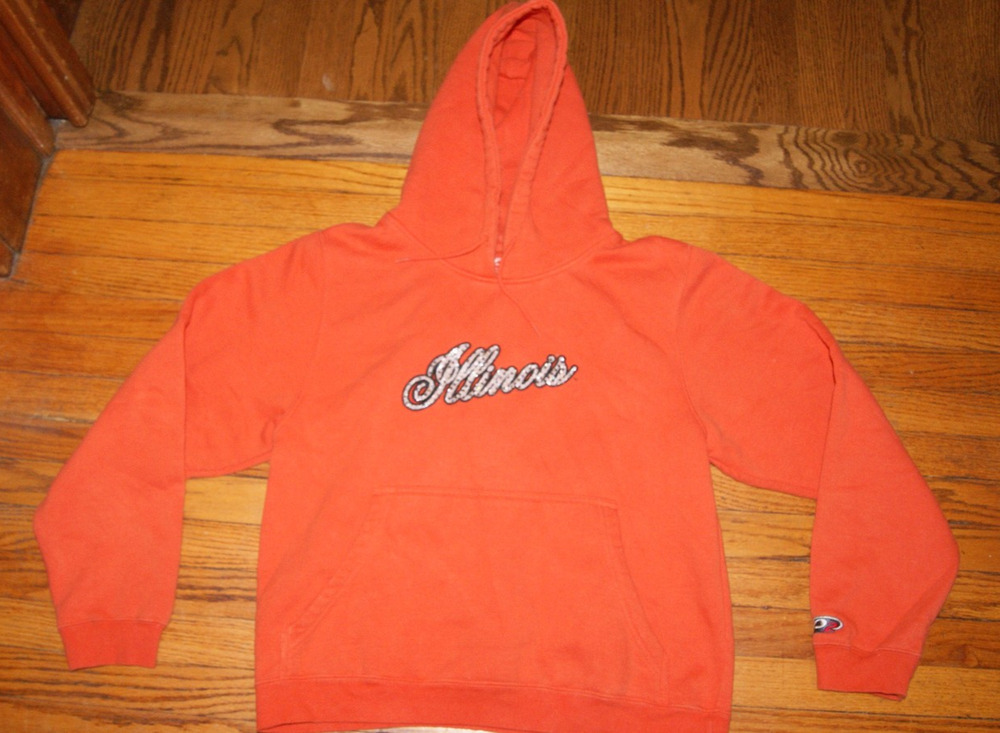 ILLINOIS FIGHTING ILLINI Silver Sequin Script Womens L Hoodie Sweatshirt Orange